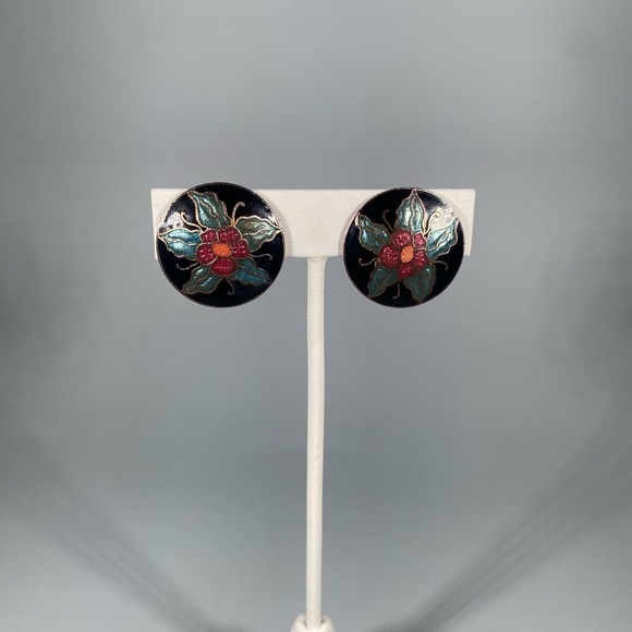 Beautiful Vintage Cloisonne Metallic Enamel Clip On Earrings Iris Design - Picture 4 of 6